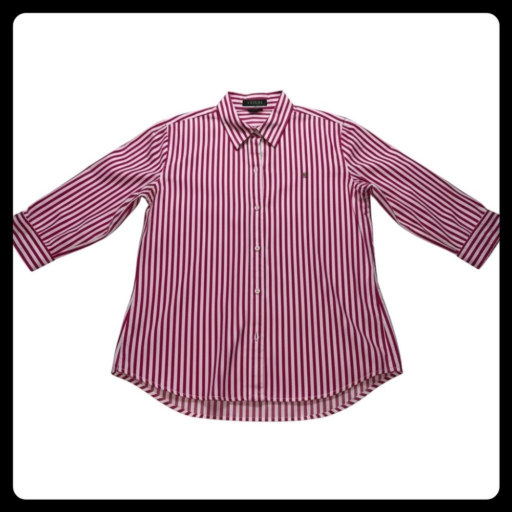 Lauren Ralph Lauren Button Down Shirt Womens Large Pink Striped Cotton Preppy